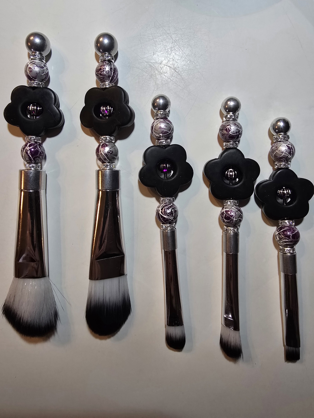 Hand Crafted Black & Purple Floral Handle Makeup Brush Set